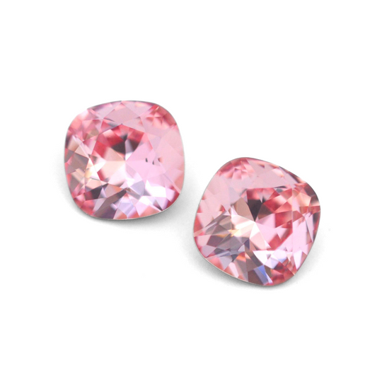 Cushion Square faceted Austrian crystal rhinestones in the color Light Rose displayed on a white background.