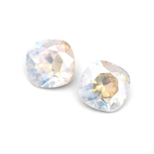 Cushion Square faceted Austrian crystal rhinestones in the color Moonlight displayed on a white background.