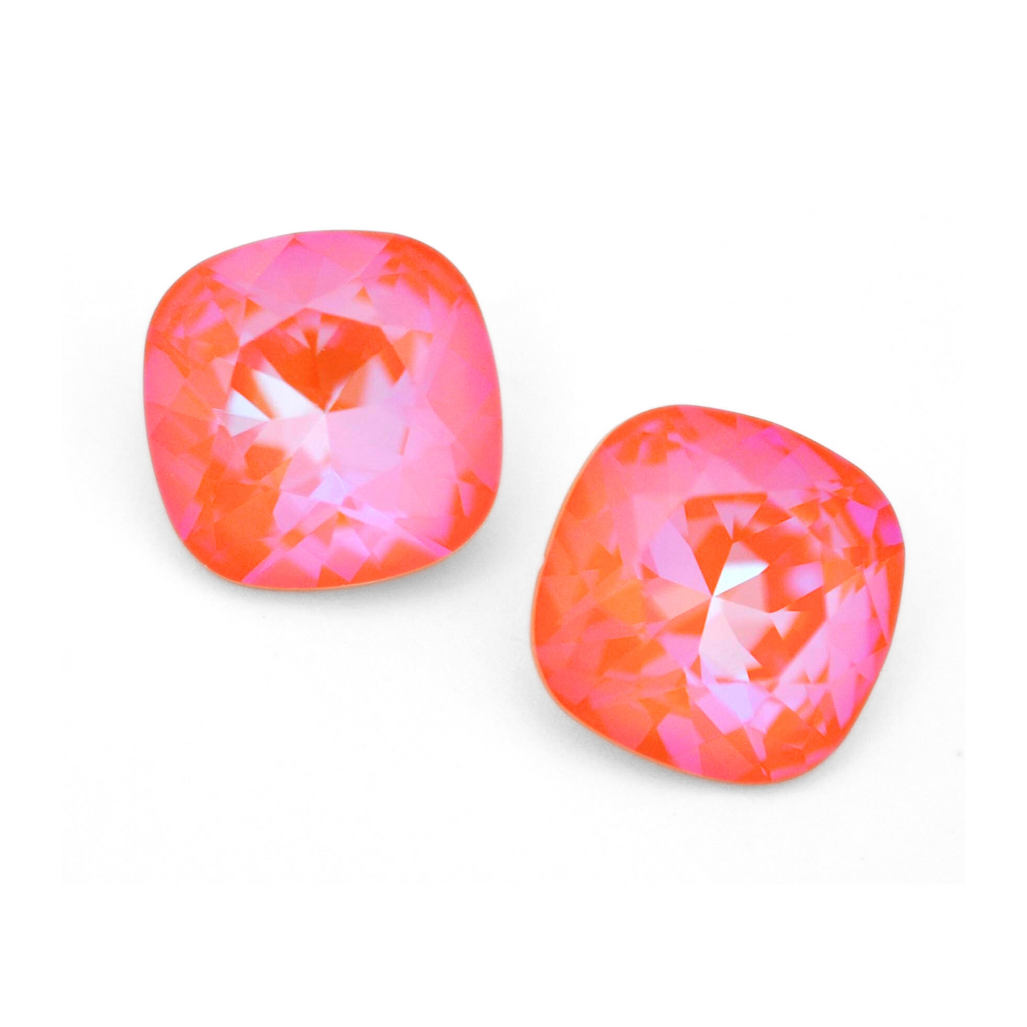 Cushion Square faceted Austrian crystal rhinestones in the color Orange Glow Delite displayed on a white background.