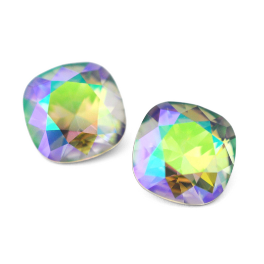 Cushion Square faceted Austrian crystal rhinestones in the color Paradise Shine displayed on a white background.
