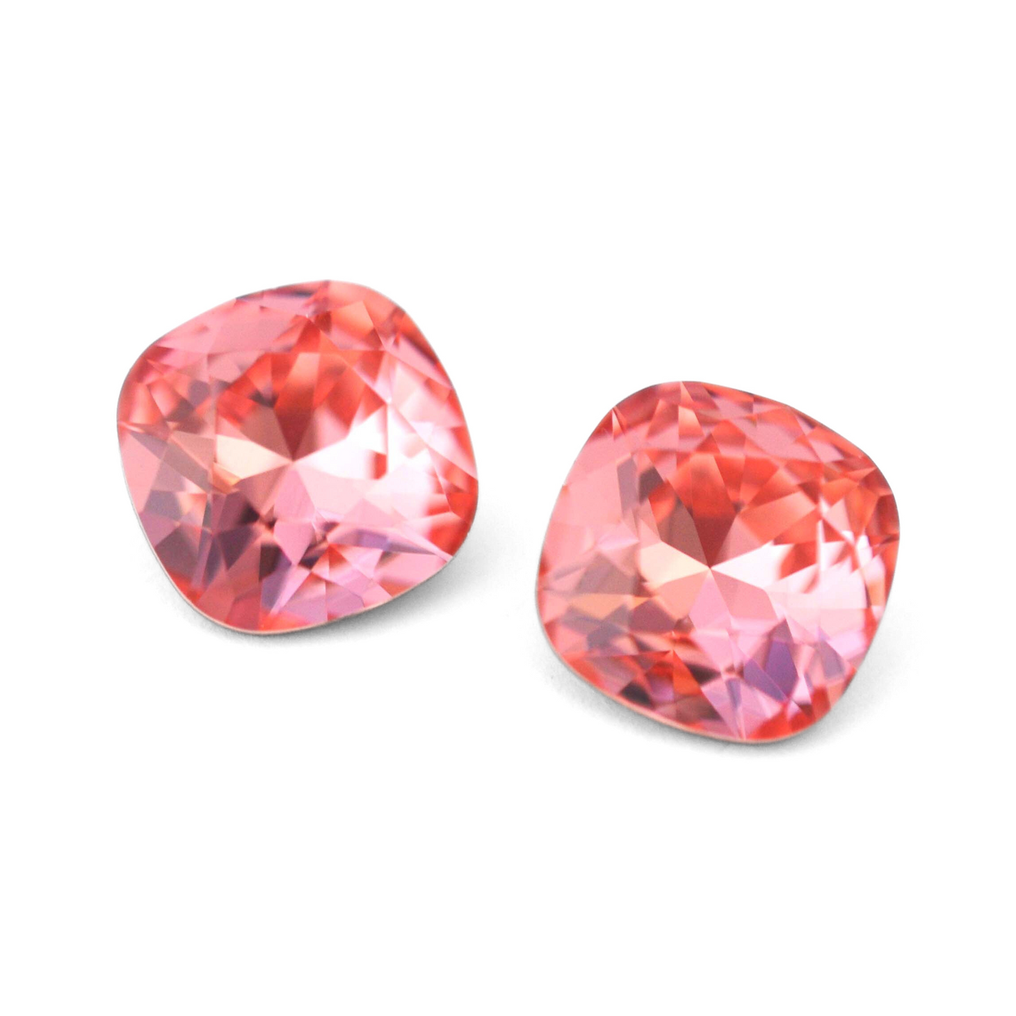 Cushion Square faceted Austrian crystal rhinestones in the color Rose Peach displayed on a white background.