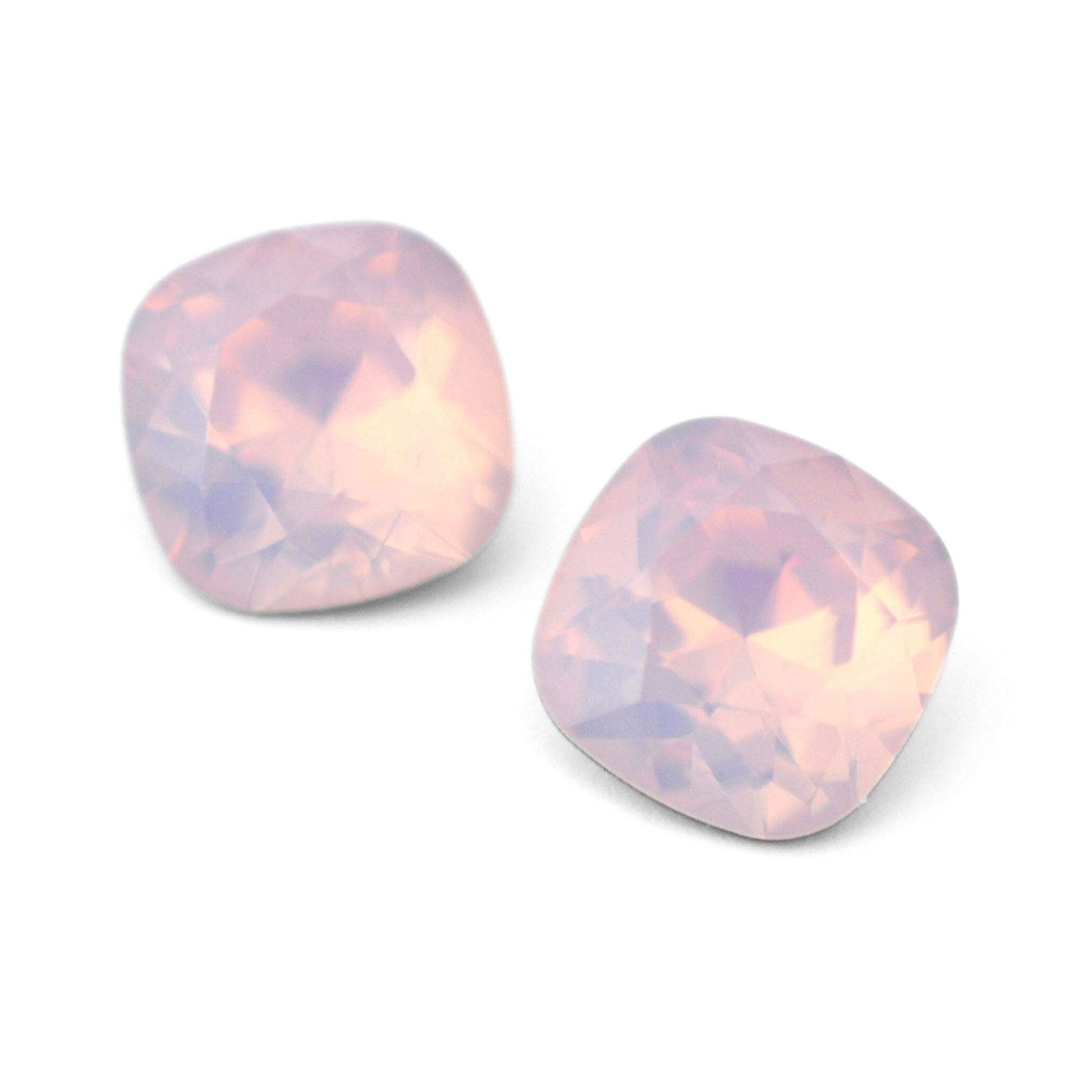 Cushion Square faceted Austrian crystal rhinestones in the color Rose Water Opal displayed on a white background.