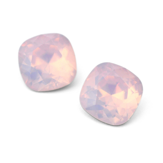 Cushion Square faceted Austrian crystal rhinestones in the color Rose Water Opal displayed on a white background.