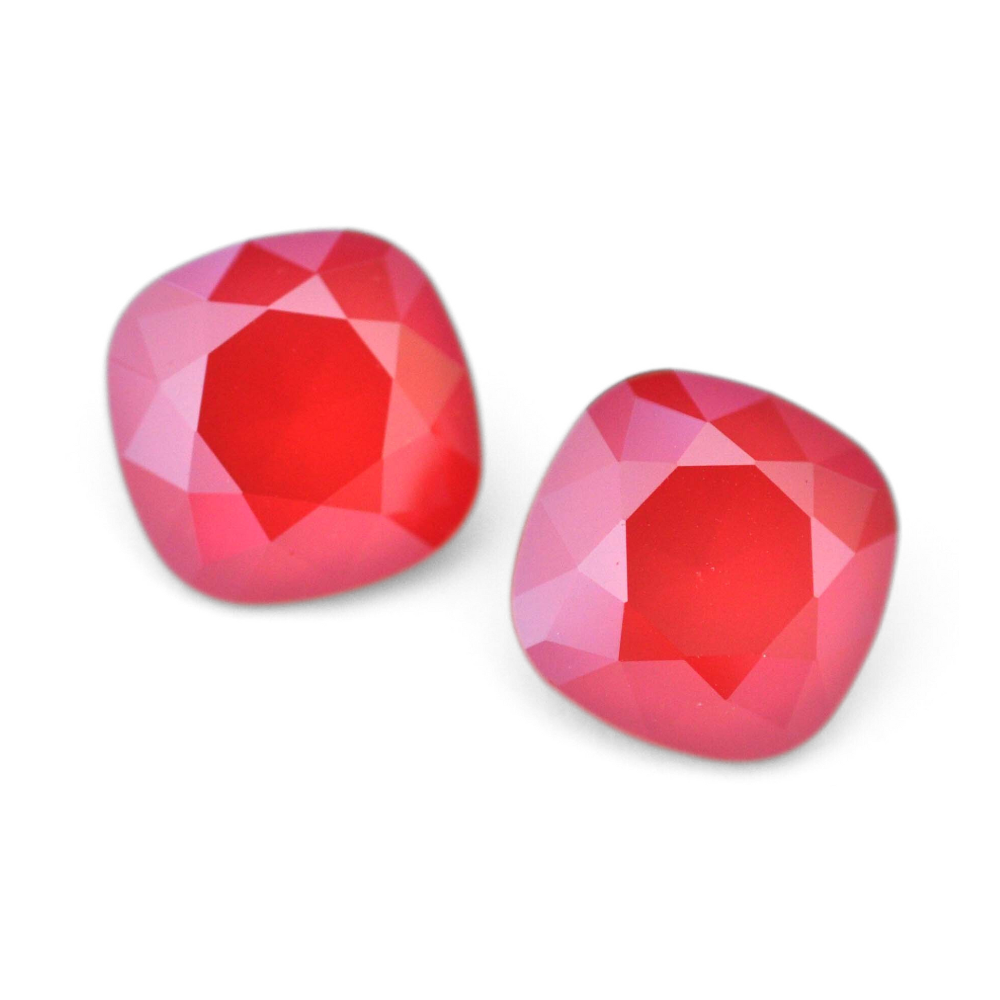 Cushion Square faceted Austrian crystal rhinestones in the color Royal Red displayed on a white background.