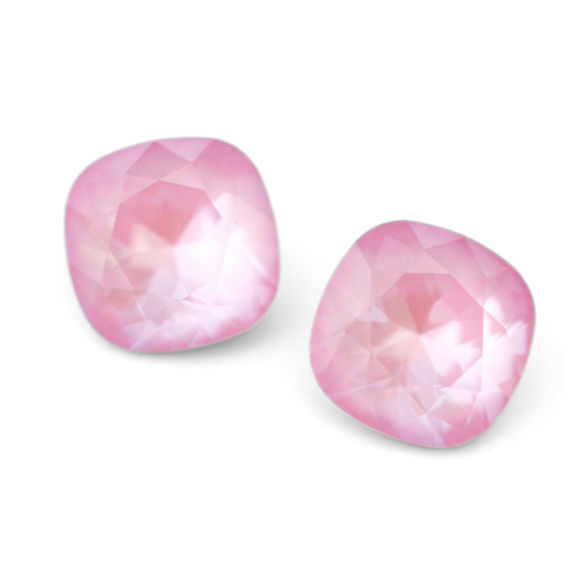 Cushion Square faceted Austrian crystal rhinestones in the color Soft Rose Ignite displayed on a white background.