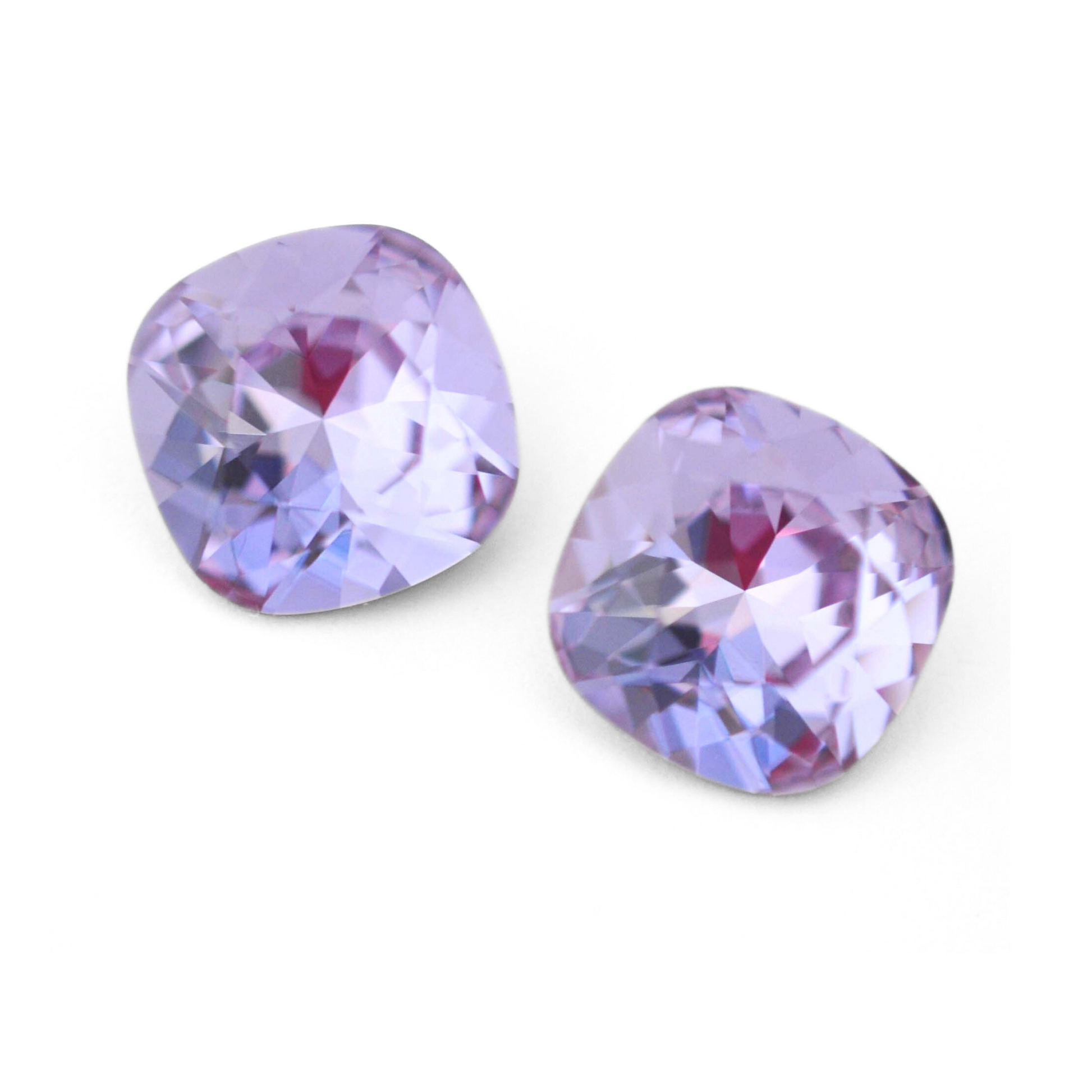 Cushion Square faceted Austrian crystal rhinestones in the color Violet displayed on a white background.