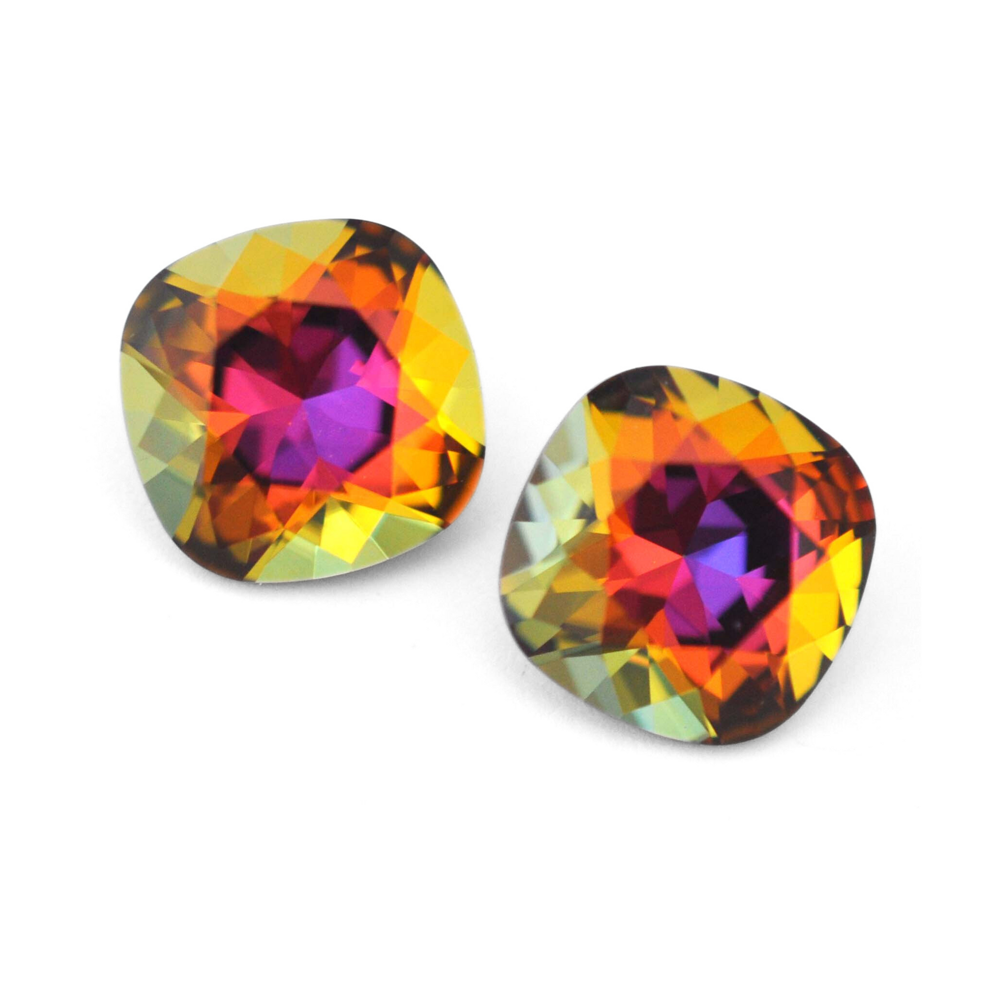 Cushion Square faceted Austrian crystal rhinestones in the color Volcano displayed on a white background.