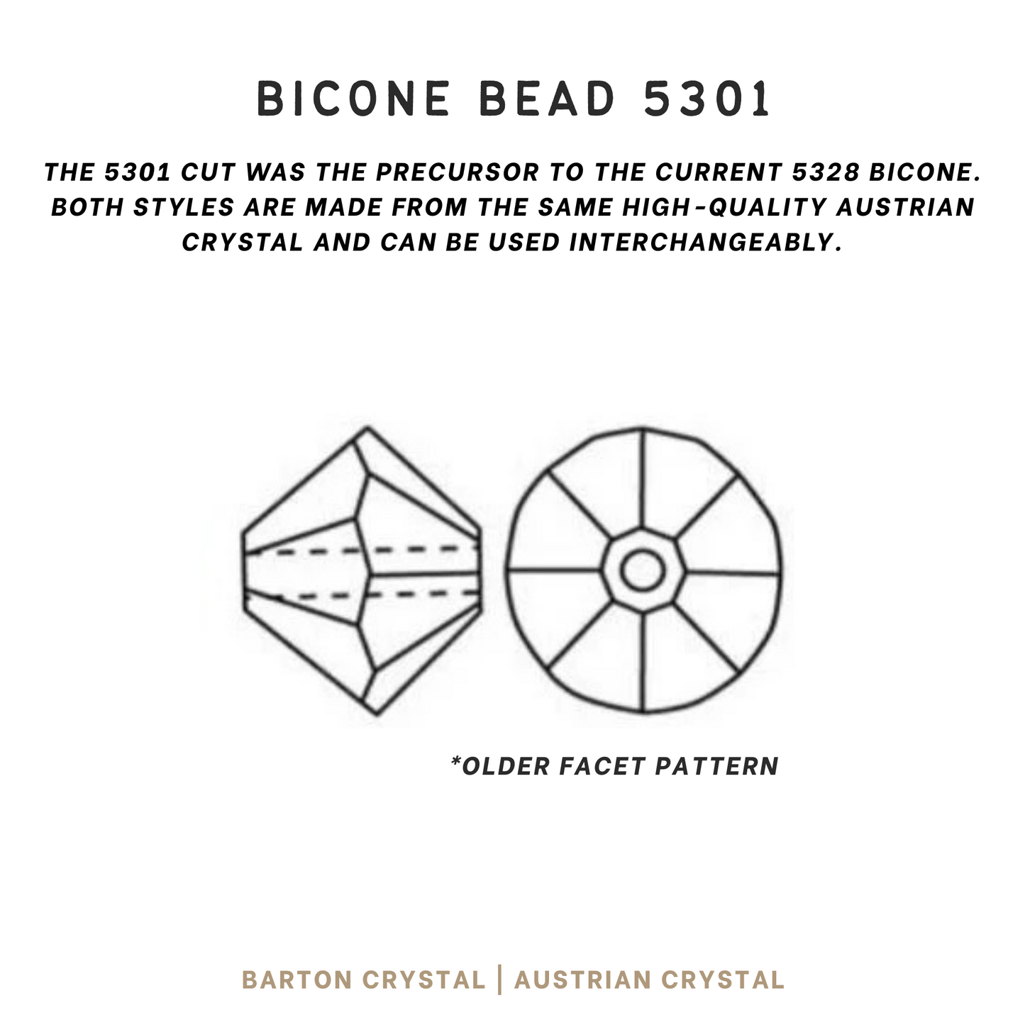 A technical drawing of the side and front of an Austrian crystal 5301 bicone bead. Includes a note reading "The 5301 cut was the precursor to the current 5328 bicone. Both styles are made from the same high-quality Austrian crystal and can be used interchangeably"