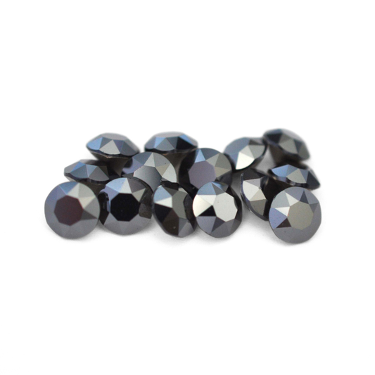 Round faceted Austrian crystal rhinestones in the color Jet Hematite displayed on a white background