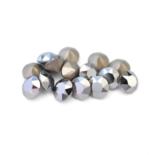Round faceted Austrian crystal rhinestones in the color Light Chrome displayed on a white background