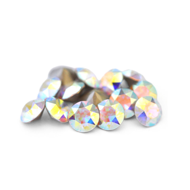 Round faceted Austrian crystal rhinestones in the color Crystal AB displayed on a white background.