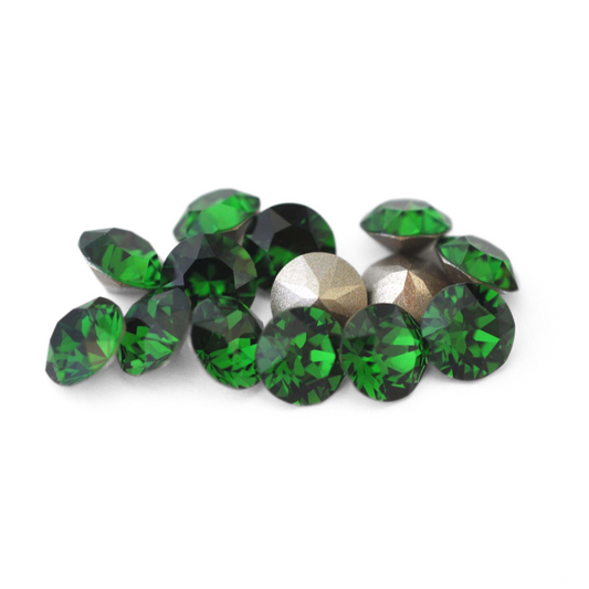 Round faceted Austrian crystal rhinestones in the color Dark Moss Green displayed on a white background.