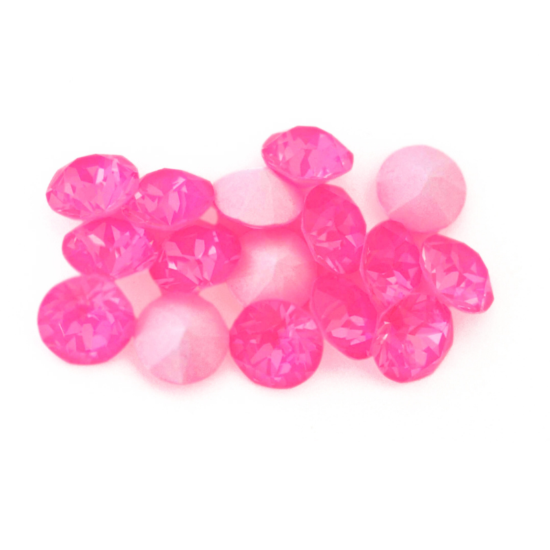 Round faceted Austrian crystal rhinestones in the color Electric Pink Ignite displayed on a white background.