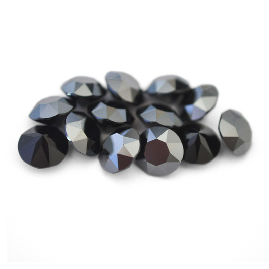 Round faceted Austrian crystal rhinestones in the color Jet Hematite displayed on a white background