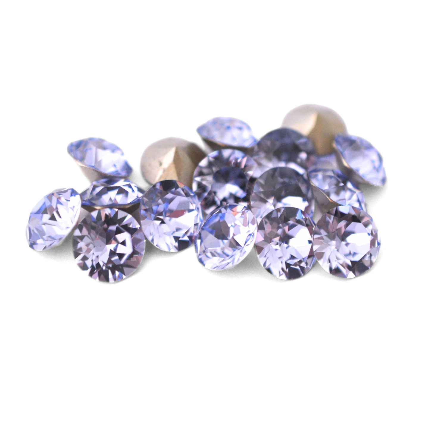 Round faceted Austrian crystal rhinestones in the color Provence Lavender displayed on a white background