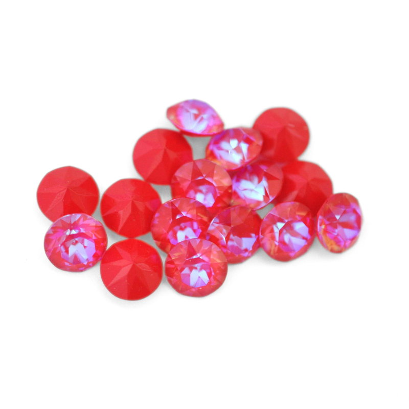 Round faceted Austrian crystal rhinestones in the color Royal Red Delite displayed on a white background.