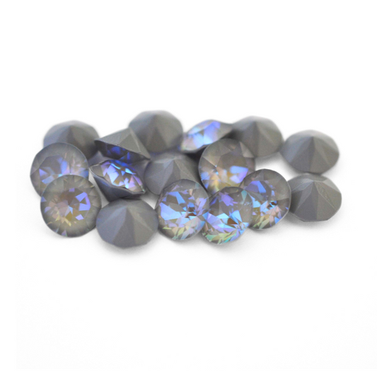 Round faceted Austrian crystal rhinestones in the color Serene Gray Delite displayed on a white background.