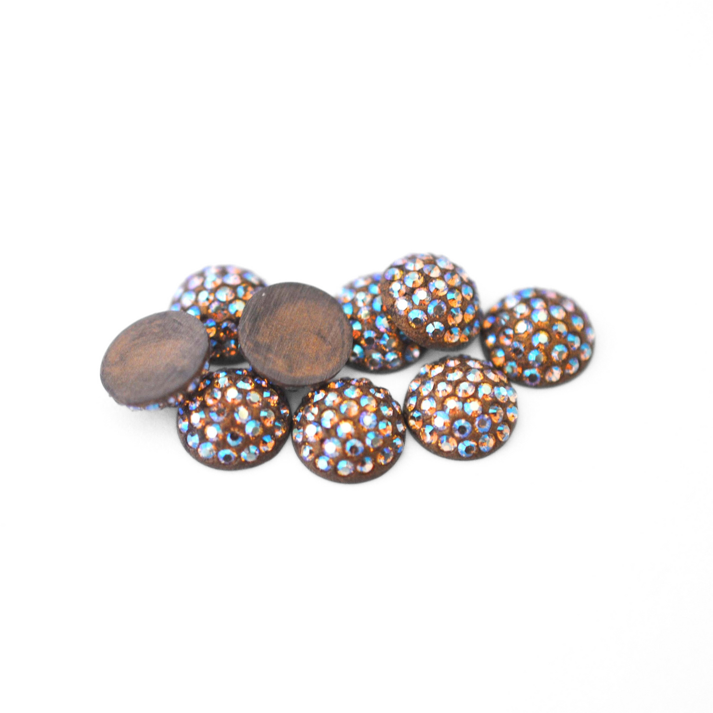 Round Pave Cabochons with Austrian crystal rhinestones in the color Light Colorado Topaz AB displayed on a white background