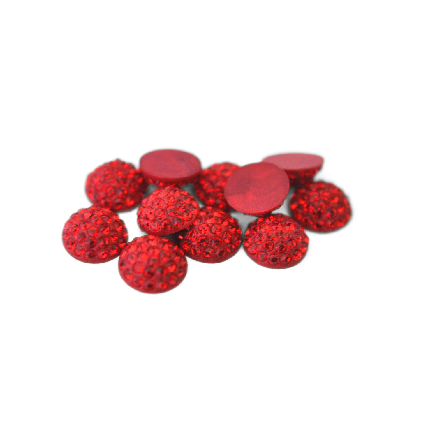 Round Pave Cabochons with Austrian crystal rhinestones in the color Siam displayed on a white background