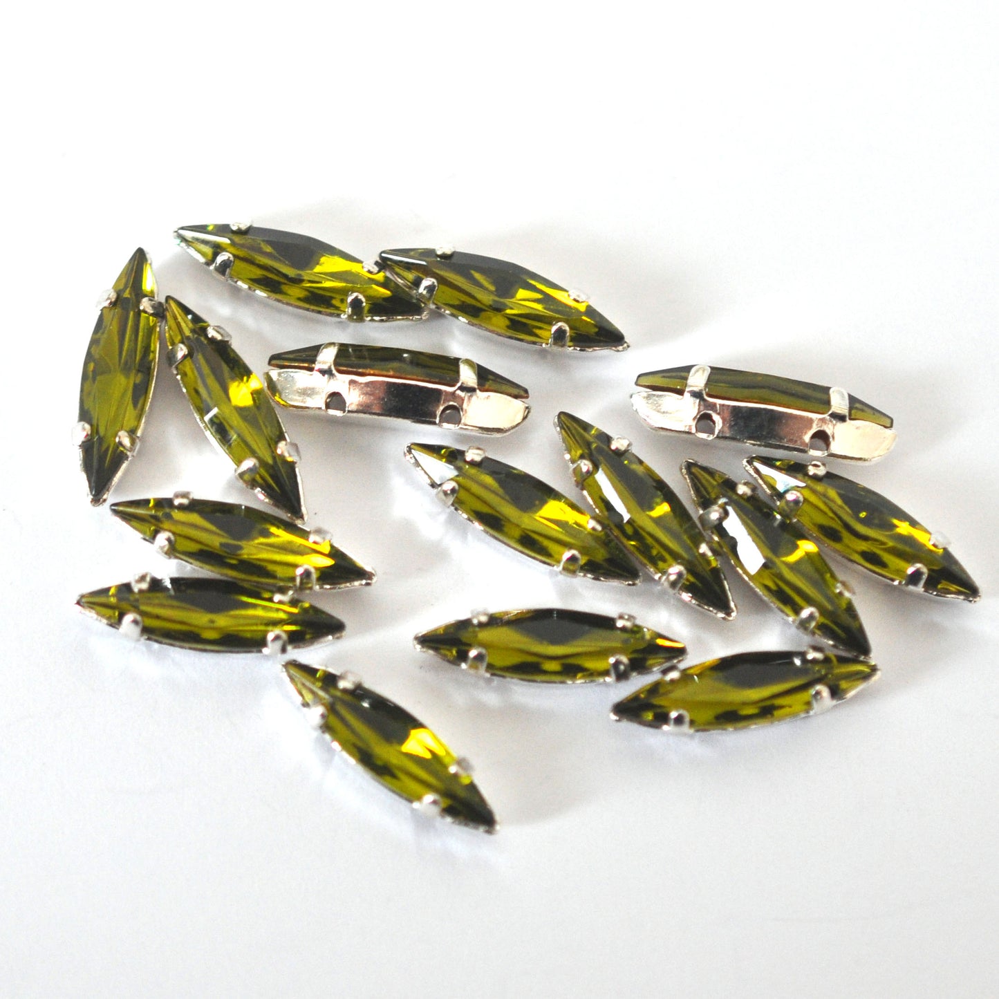 Olivine 15x4mm Navette Sew On Crystals - 12 Pieces