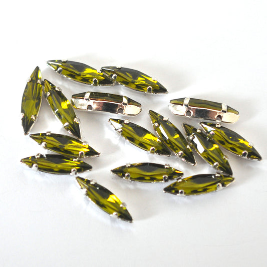 Olivine 15x4mm Navette Sew On Crystals - 12 Pieces