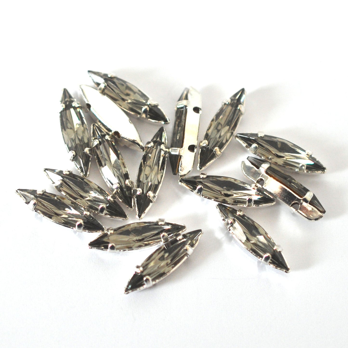 Black Diamond 15x4mm Navette Sew On Crystals - 12 Pieces