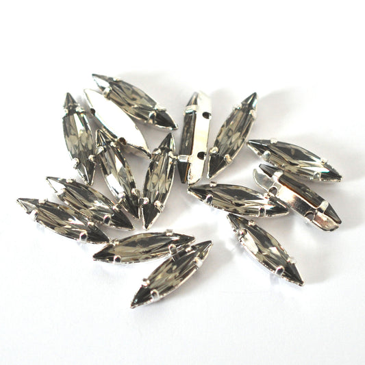Black Diamond 15x4mm Navette Sew On Crystals - 12 Pieces