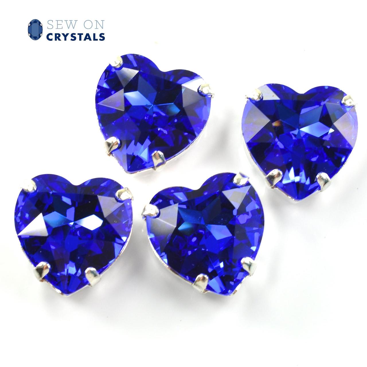 Sapphire 14mm Heart Sew On Crystals - 4 Pieces