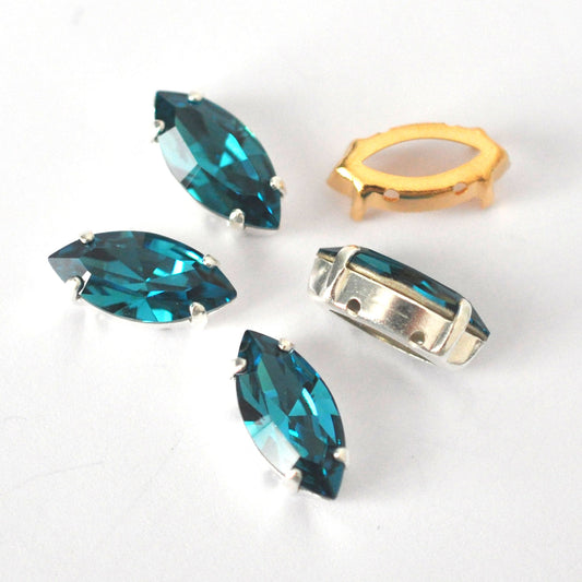 Indicolite 15x7mm Navette Sew On Crystals - 4 Pieces