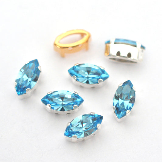Aquamarine (Aqua) 10x5mm Navette Sew On Crystals - 6 Pieces