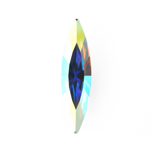 One large navette shape faceted Austrian crystal rhinestones in the color Crystal AB displayed on a white background.