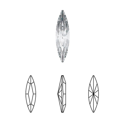 Navette cut crystal rhinestone with faceting diagrams showing top, side, and bottom views.