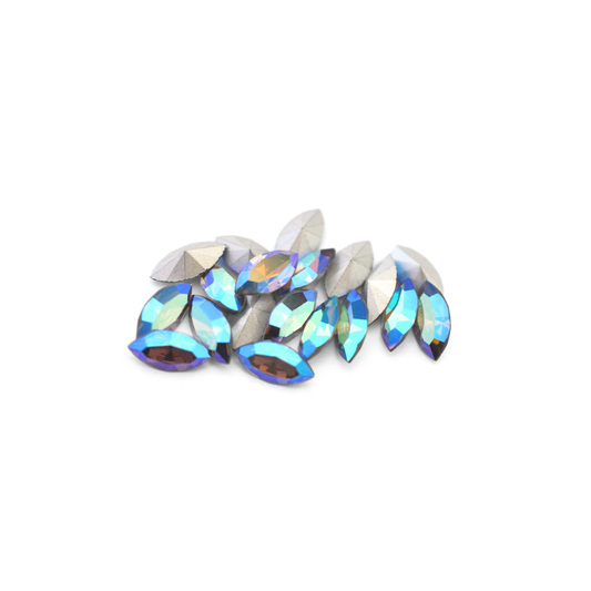 Navette shaped faceted Austrian crystal rhinestones in the color Black Diamond AB displayed on a white background.