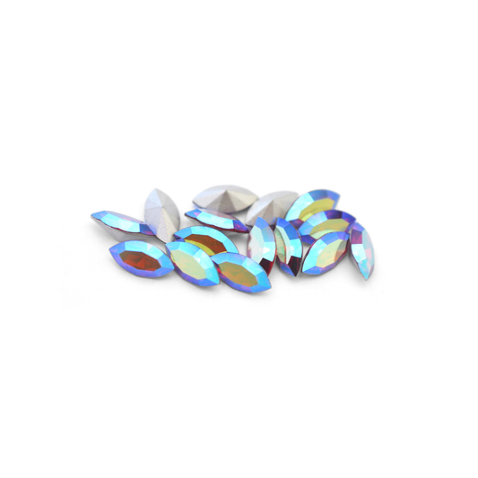 Navette shaped faceted Austrian crystal rhinestones in the color Light Siam AB displayed on a white background.
