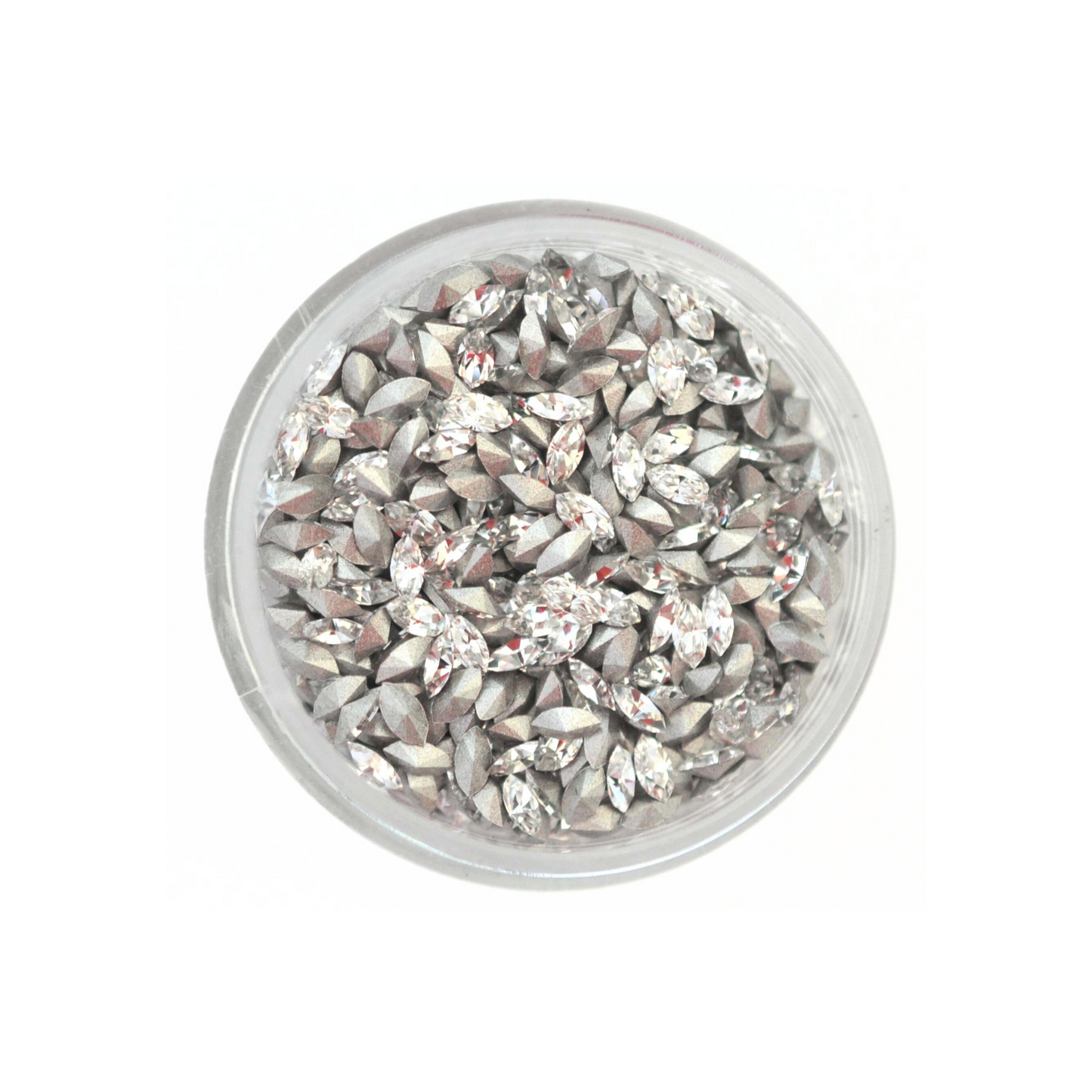Navette shaped faceted Austrian crystal rhinestones in the color Crystal displayed in a round dish on a white background.