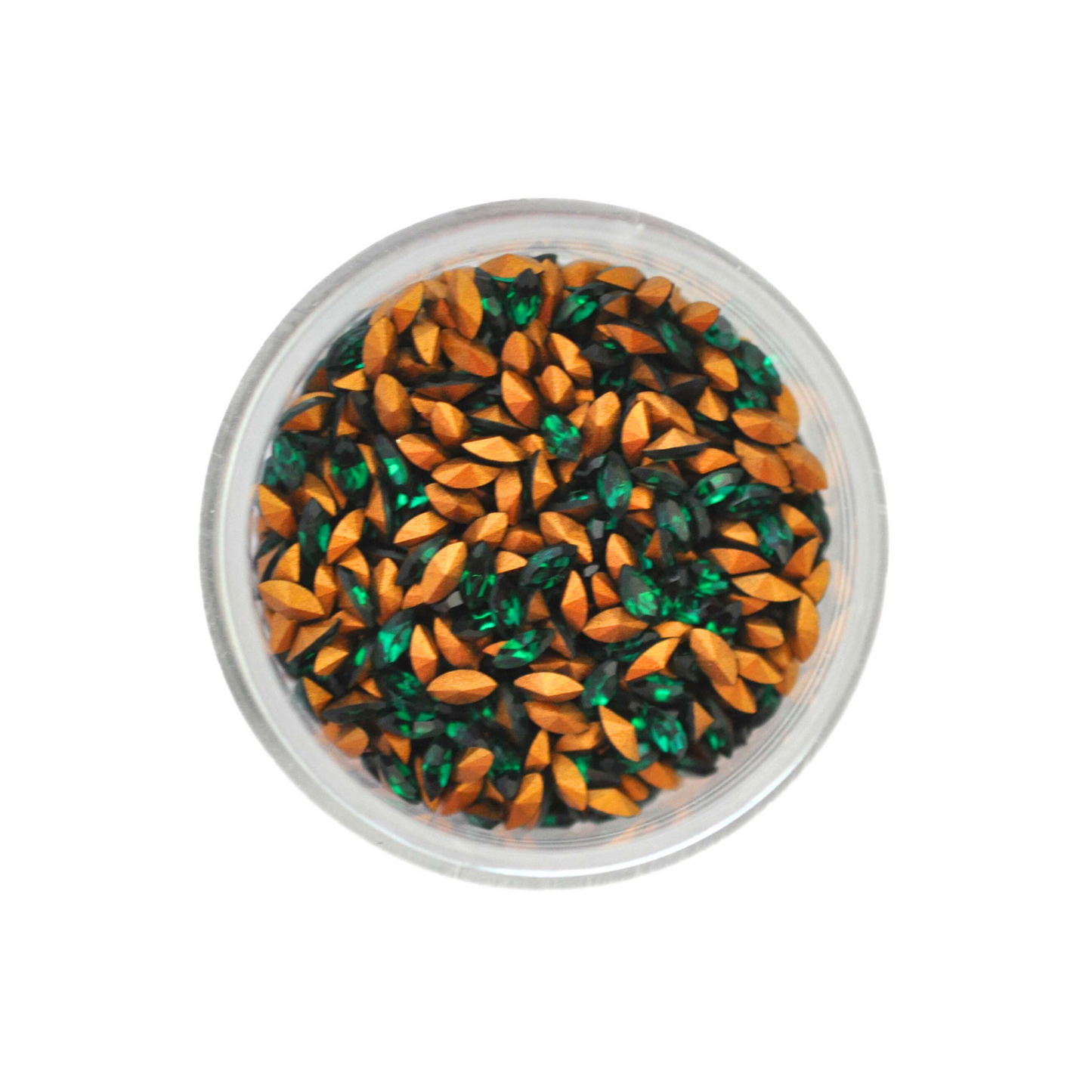 Navette shaped faceted Austrian crystal rhinestones in the color Emerald displayed in a round dish on a white background.