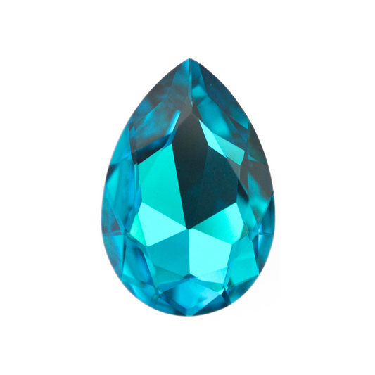 One large pear shape faceted Austrian crystal rhinestones in the color Blue Zircon displayed on a white background.
