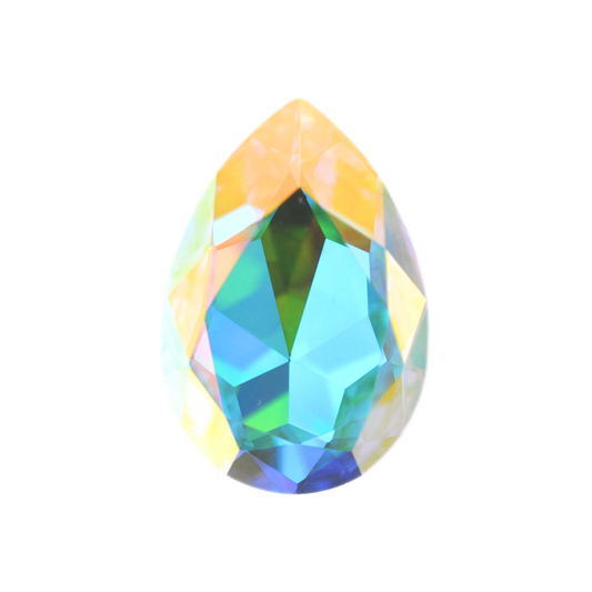 One large pear shape faceted Austrian crystal rhinestones in the color Crystal AB displayed on a white background.