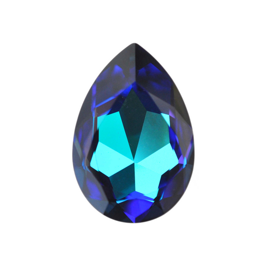 One large pear shape faceted Austrian crystal rhinestones in the color Heliotrope displayed on a white background.
