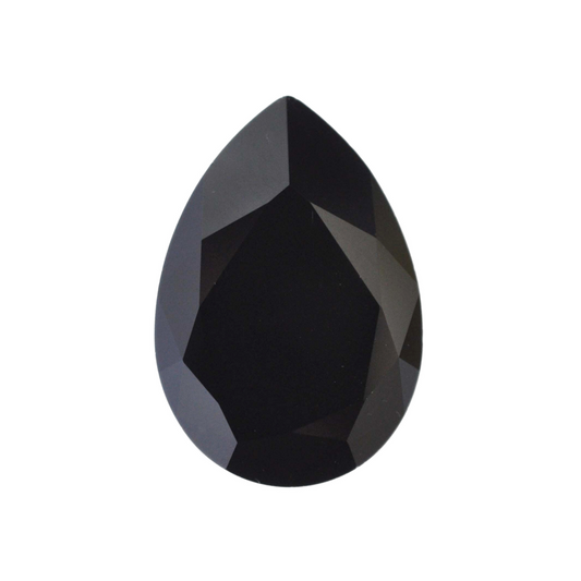 One large pear shape faceted Austrian crystal rhinestones in the color Jet displayed on a white background.