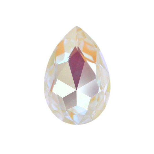 One large pear shape faceted Austrian crystal rhinestones in the color Light Grey Delite displayed on a white background.