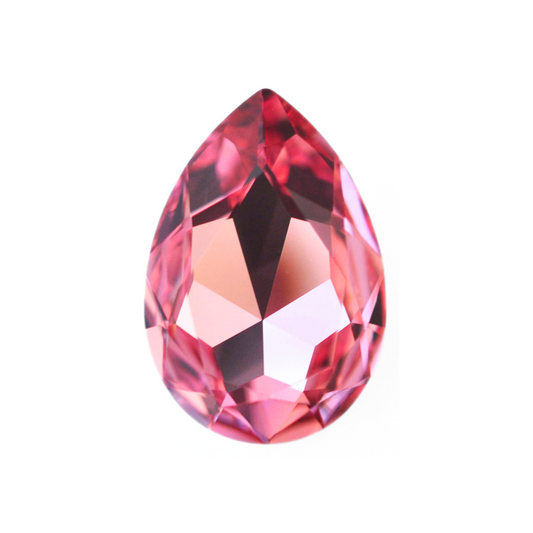 One large pear shape faceted Austrian crystal rhinestones in the color Light Rose displayed on a white background.