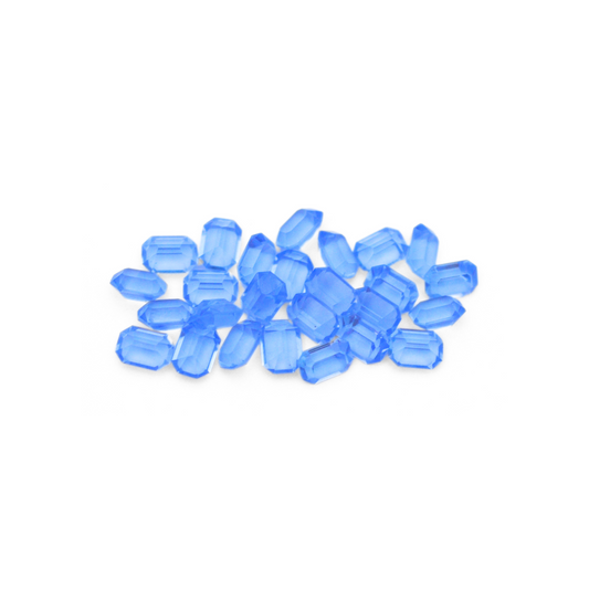 Octagon shaped faceted Austrian crystal rhinestones in the color Light Sapphire displayed on a white background. 