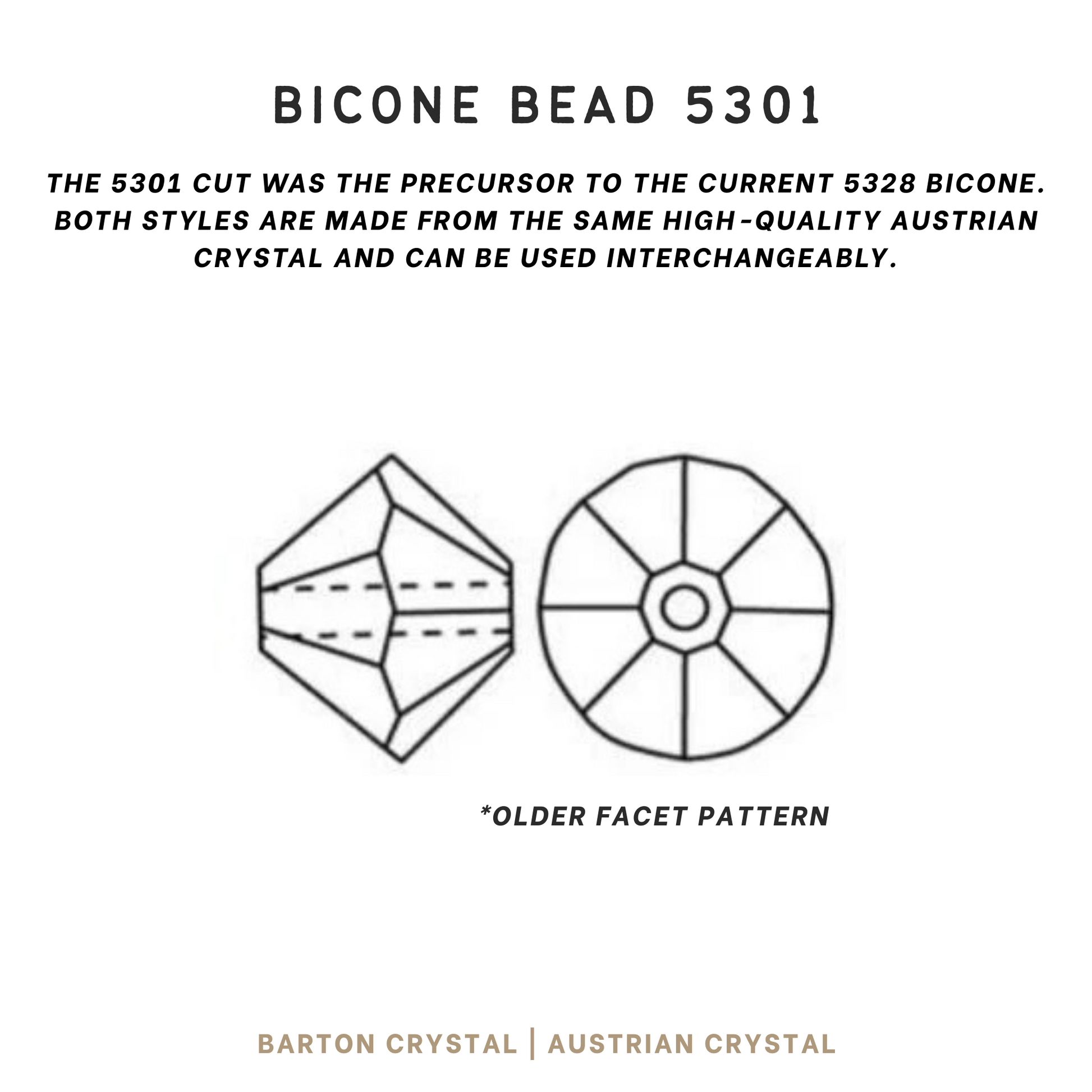 A technical drawing of the side and front of an Austrian crystal 5301 bicone bead. Includes a note reading "The 5301 cut was the precursor to the current 5328 bicone. Both styles are made from the same high-quality Austrian crystal and can be used interchangeably"