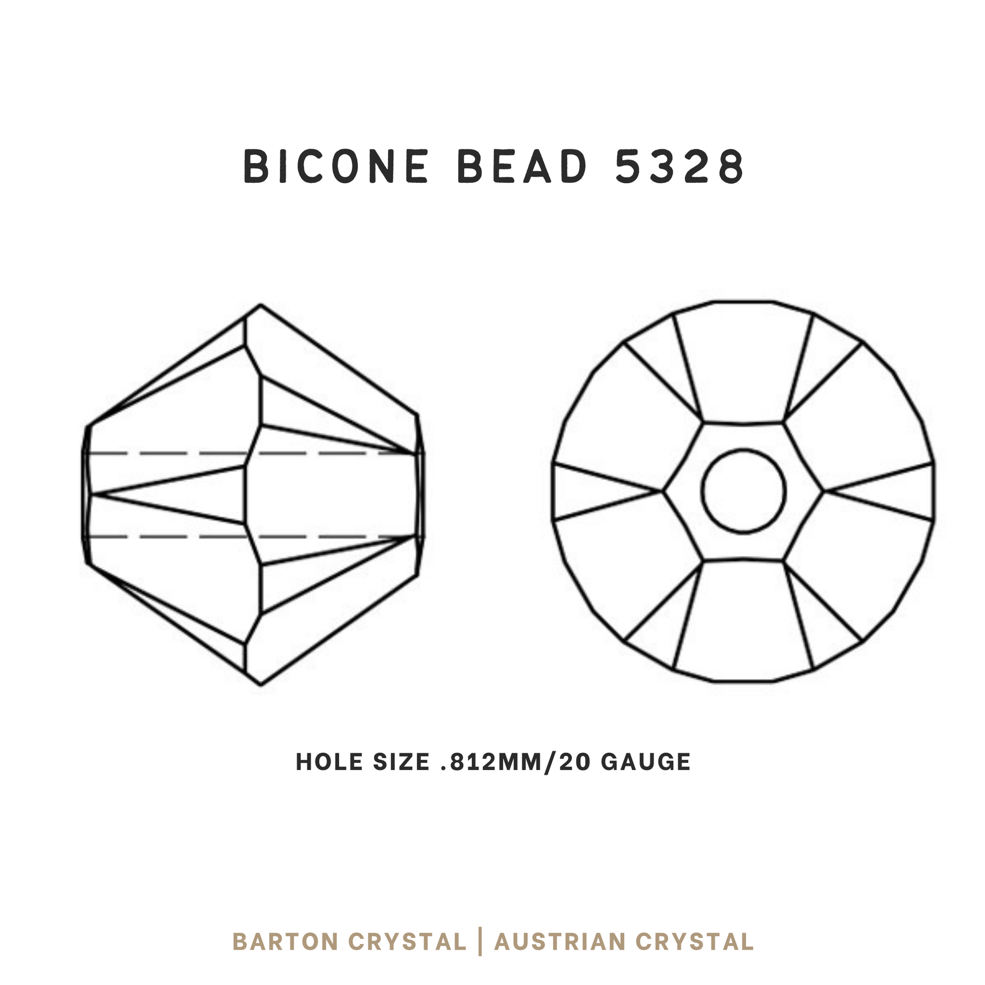 A technical drawing of the side and front of an Austrian crystal 5328 bicone bead. Includes hole size of .812mm. 