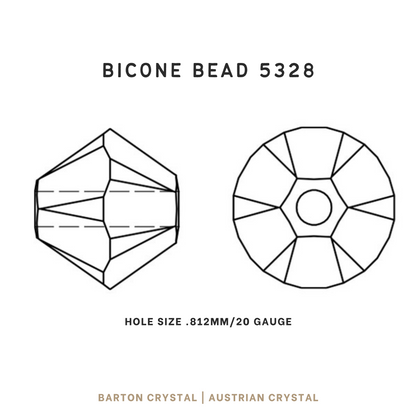 A technical drawing of the side and front of an Austrian crystal 5328 bicone bead. Includes hole size of .812mm. 