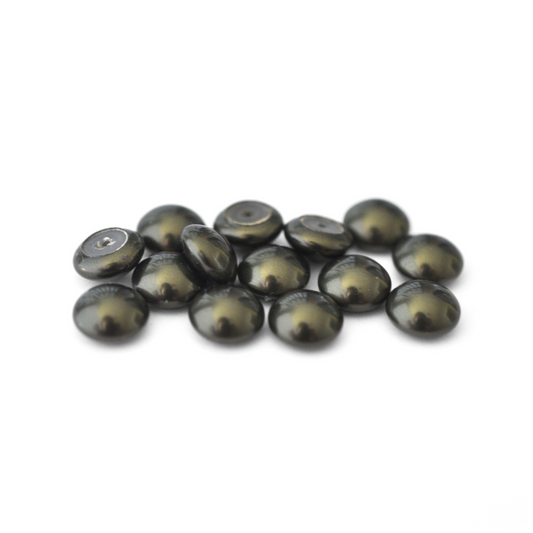 Round Austrian Crystal Glass Pearl Cabochons in the color Dark Olive displayed on a white background