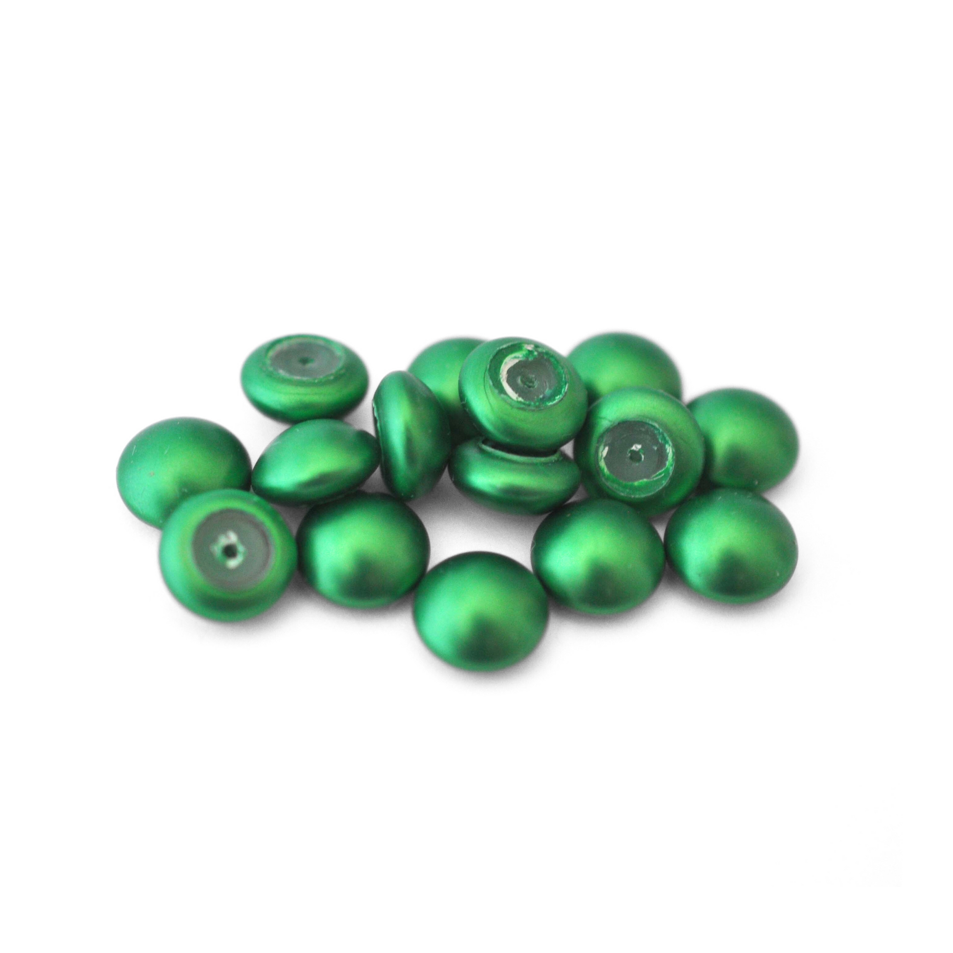 Round Austrian Crystal Glass Pearl Cabochons in the color Eden Green displayed on a white background