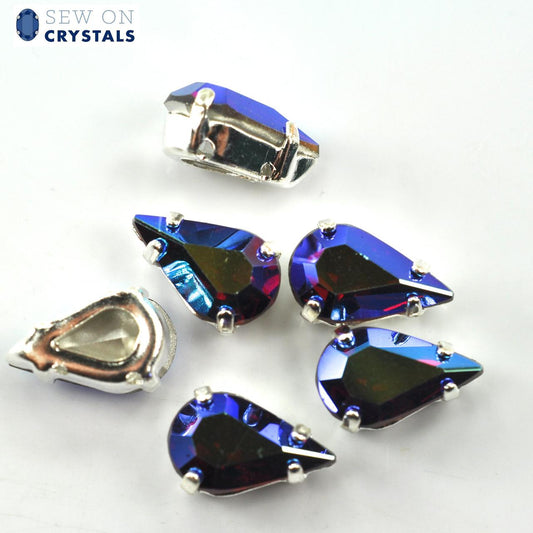 Siam AB 13x7.8mm Pear Sew On Crystals - 6 Pieces