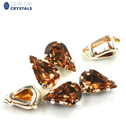 Light Smoked Topaz 13x7.8mm Pear Sew On Crystals - 6 Pieces